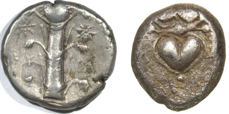 paralara basılan bitki ve kalp şeklinde tohumu sikkelerde silphium bitkisi